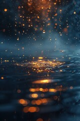 Wall Mural - an window glass with golden drops of water on it, in the style of dark azure and navy, meticulous detail, intense color saturation