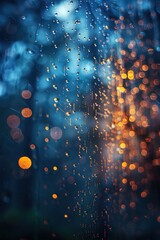 Wall Mural - an window glass with golden drops of water on it, in the style of dark azure and navy, meticulous detail, intense color saturation