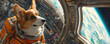 Corgi dog in an astronaut suit inside a spacecraft looking out the window at Earth. Pet space adventure concept. Banner with copy space for Cosmonautics Day event.