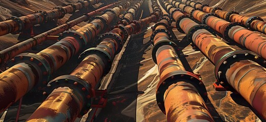 Wall Mural - crude oil pipelines, a close up of a large group, in the style of dazzling cityscapes, fantastical machines