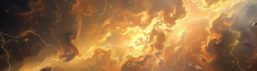 dark clouds with golden lightning effect, interstellar nebulae, dark amber and gold