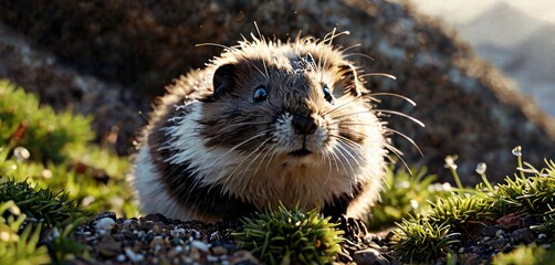 Wall Mural - a close up of a rodent on a rocky surface with grass and rocks in the foreground and a mountain in the background.