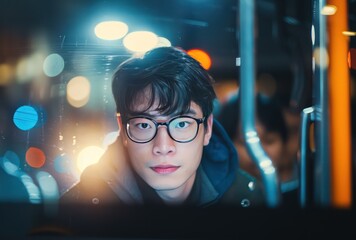 Wall Mural - young man in glasses sitting on bus looking over a window