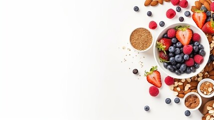 Wall Mural - Healthy breakfast with muesli, fruits, berries, nuts on white background. Flat lay, top view, copy space