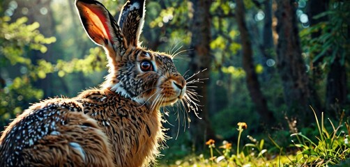 a close up of a rabbit in a field of grass with trees in the background and sunlight coming through the trees.