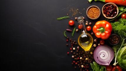 Wall Mural - Healthy food background with various vegetables ingredients, spoon with oil and peeler, top view