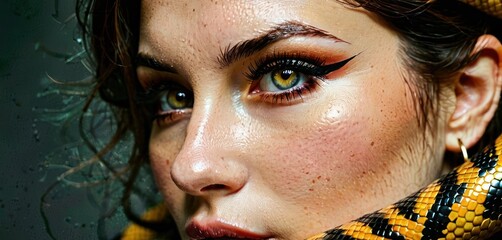 a close up of a woman's face with a snake around her neck and a snake around her neck.