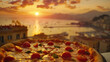Pizza with scenic Italian sunset backdrop - Delicious Italian pizza overlooks a majestic Neapolitan sunset with Vesuvius in the backdrop for a taste of Italy