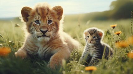 Wall Mural - A lion cub and a kitten laying peacefully in the grass. Suitable for various animal-themed projects