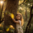 Child tenderly hugging a large oak tree, eyes closed, feeling the texture of the bark