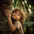 Child tenderly hugging a large palm tree, eyes closed, feeling the texture of the bark