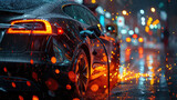 Fototapeta Sport - Close-up of an electric car being charged in the rain at dusk, with glowing city lights reflecting on wet surfaces.
