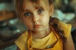 A young girl with striking blue eyes looking directly at the camera. Suitable for various projects