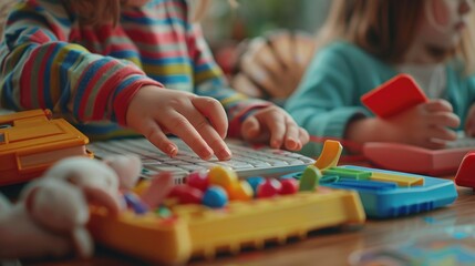 Poster - Children playing with toys on a table. Suitable for educational materials