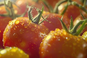 Sticker - Close up view of ripe tomatoes with water droplets, suitable for food and agriculture themes