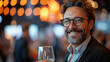 © Clipart Collectors - Happy businessman laughing while holding drink glass during networking event at convention center, sharing startup ideas and discussing new innovation at business conference