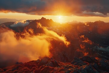 Canvas Print - Beautiful sunset over a majestic mountain range. Perfect for travel and nature concepts