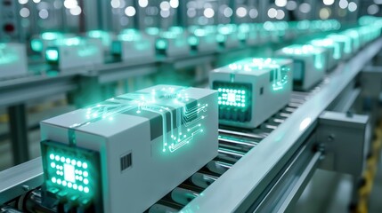 Poster - White boxes with a blue-green graphic design in the form of a schematic printed circuit board on a conveyor belt. High-tech style. Generative AI.