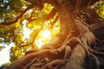 Poster - Sunlight filtering through tree branches, suitable for nature themes