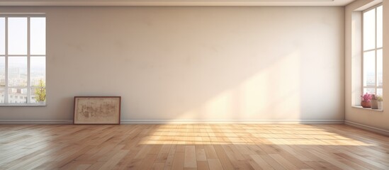 An empty room in a new apartment, featuring two windows and a single picture frame hanging on the wall. The room is devoid of furniture and decoration, with a clean, minimalist aesthetic.