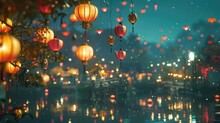 Lanterns Hanging From A Tree Over A Body Of Water. Suitable For Outdoor Event Decorations