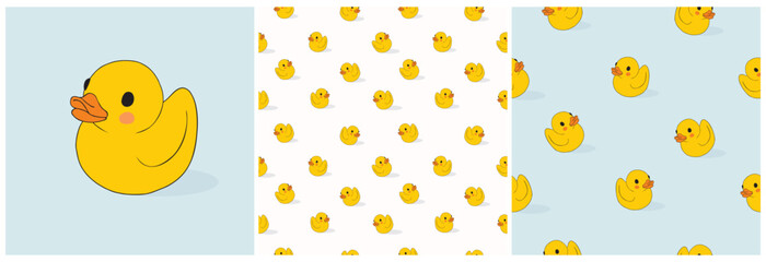 Cute Rubber Duck. Funny Hand Drawn Vector Print and Seamless Pattern with Lovely Yellow Rubber Duck. Yellow Bath Toy Isolated on a White and Light Blue Background.Duck Pattern Perfect for Fabric,Card.