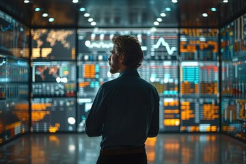 Poster - A financial expert analyzing stock market trends look at digital screens displaying statistics and graphs. Generative AI.