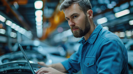 Aufkleber - Car Factory Engineer Using Laptop Computer Working with Software at Automotive Industrial Manufacturing Facility. Generative AI.