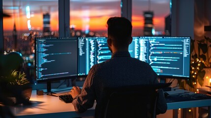 Poster - Developer working in a home office with two monitors in front of him. Generative AI.