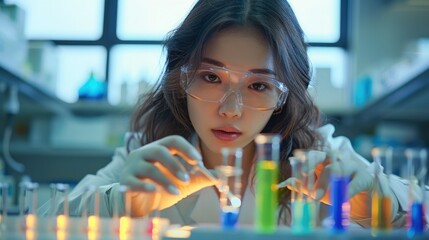 Poster - Asian scientist woman working in a laboratory. Generative AI.