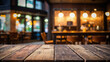 an empty table to assemble products in a rustic and cozy restaurant, bar in the background bokeh, space for text
