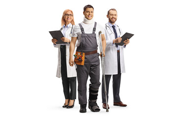 Poster - Doctors behind an injured worker with a neck injury standing with a crutch