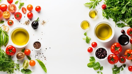 Salad preparation with dressings,olives, wild herbs leaves, chili, oil and tomatoes on white wooden background, top view