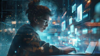 a futuristic mobile developer at their work table, surrounded by holograms of mobile apps, depicting a cutting-edge workspace.
