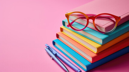 stack of colorful books with a pair of glasses and a pen on a pink background