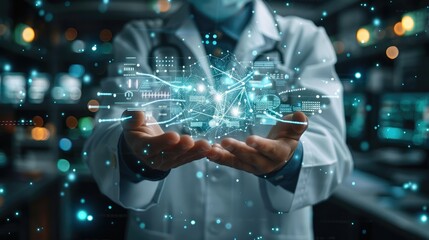 Poster - Digital healthcare and network connection on hologram virtual interface. Doctor hold health icon. electronic medical record on digital interface. digital healthcare and network. Generative AI.