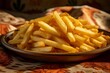 Macro detail close-up photography of a tempting french fries on a rustic plate against a natural linen fabric background. AI Generation