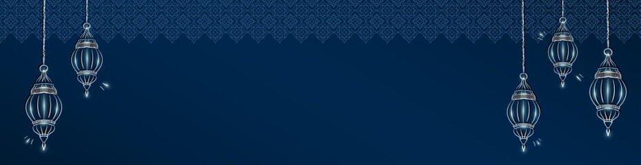 Wall Mural - Ramadan Kareem panoramic banner with silver hand drawn linear Muslim lanterns on blue background with arabesque pattern and copy space for text. Blank Eid Mubarak header with outline hanging lamps