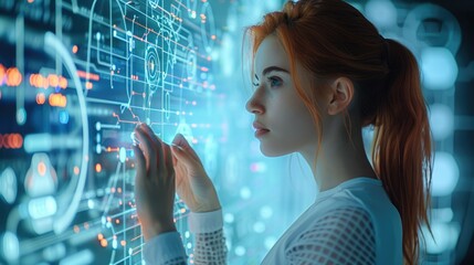 Fototapete - Female developer working with data processing in the future. Generative AI.