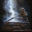 The iconic symbol of legal authority a judges gavel poised above a set of law books with the aura of justice emanating from it