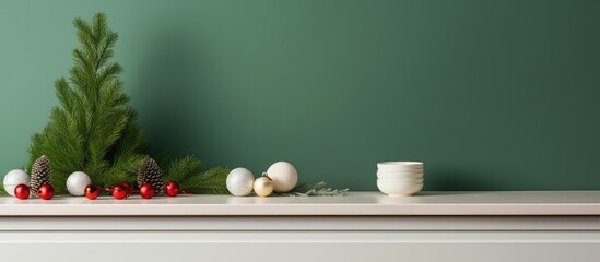 A white mantle is embellished with festive Christmas decorations, including twinkling fairy lights, colorful baubles, a miniature fir tree, and a decorative garland.