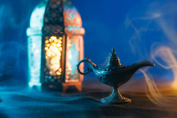 Arabic oil lamp. Festive greeting card, invitation for Muslim holy month Ramadan Kareem. 