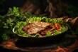 Highly detailed close-up photography of an exquisite doner kebab in a clay dish against a green plant leaves background. AI Generation