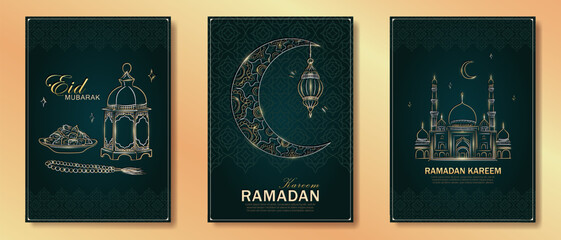 Wall Mural - Set of dark green Ramadan Kareem vertical greeting cards with hand drawn linear golden Mosque, crescent moon, Arabic lantern, dates, Muslim rosary praying beads. Template of Eid Mubarak outline banner