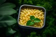 Detailed close-up photography of a tasty macaroni and cheese in a bento box against a green plant leaves background. AI Generation