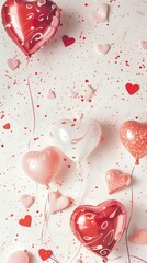 Wall Mural - Valentine's day background with red and pink hearts like balloons on white background, flat lay, clipping path