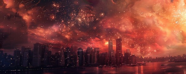 Sticker - Stunning Fireworks Display Over Cityscape, Celebration Concept