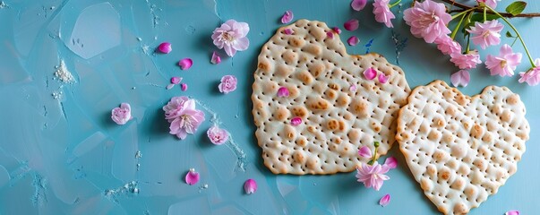 Wall Mural - Banner. Layout of Traditional Matzah prepared for Passover with Matzah shape of hearts and pink flowers on blue background. top view. Spring Holiday of Jewish people. Fasting time