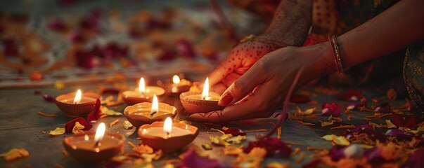 Wall Mural - Female hands lighting small tea light candles during diwali, diwali stock images, realistic stock photos