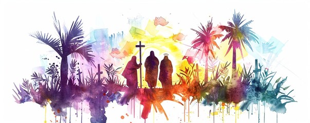 Wall Mural - Palm sunday, Holy Week, Good Friday concepts. Christian banner, watercolor